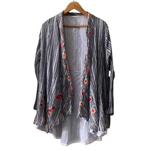 karyn seo Tops - Karyn Seo open front linen like shirt with floral and stripes, size L